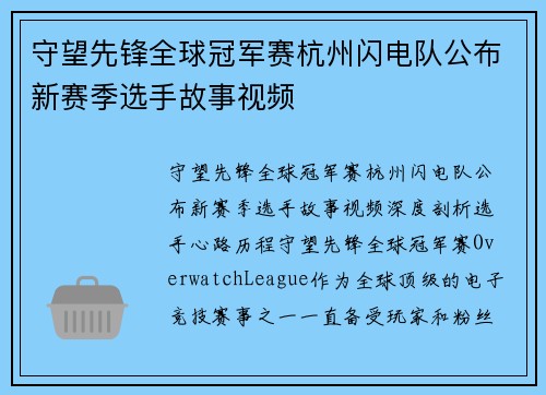守望先锋全球冠军赛杭州闪电队公布新赛季选手故事视频