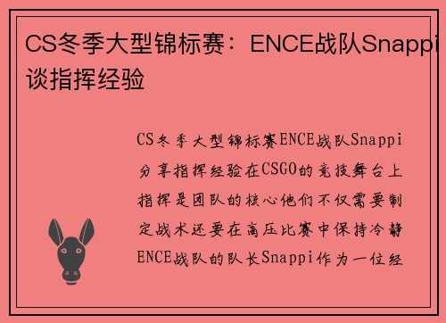 CS冬季大型锦标赛：ENCE战队Snappi谈指挥经验