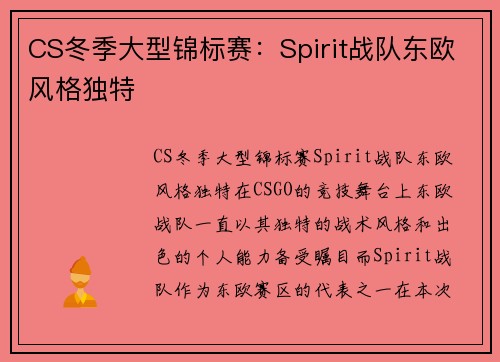 CS冬季大型锦标赛：Spirit战队东欧风格独特